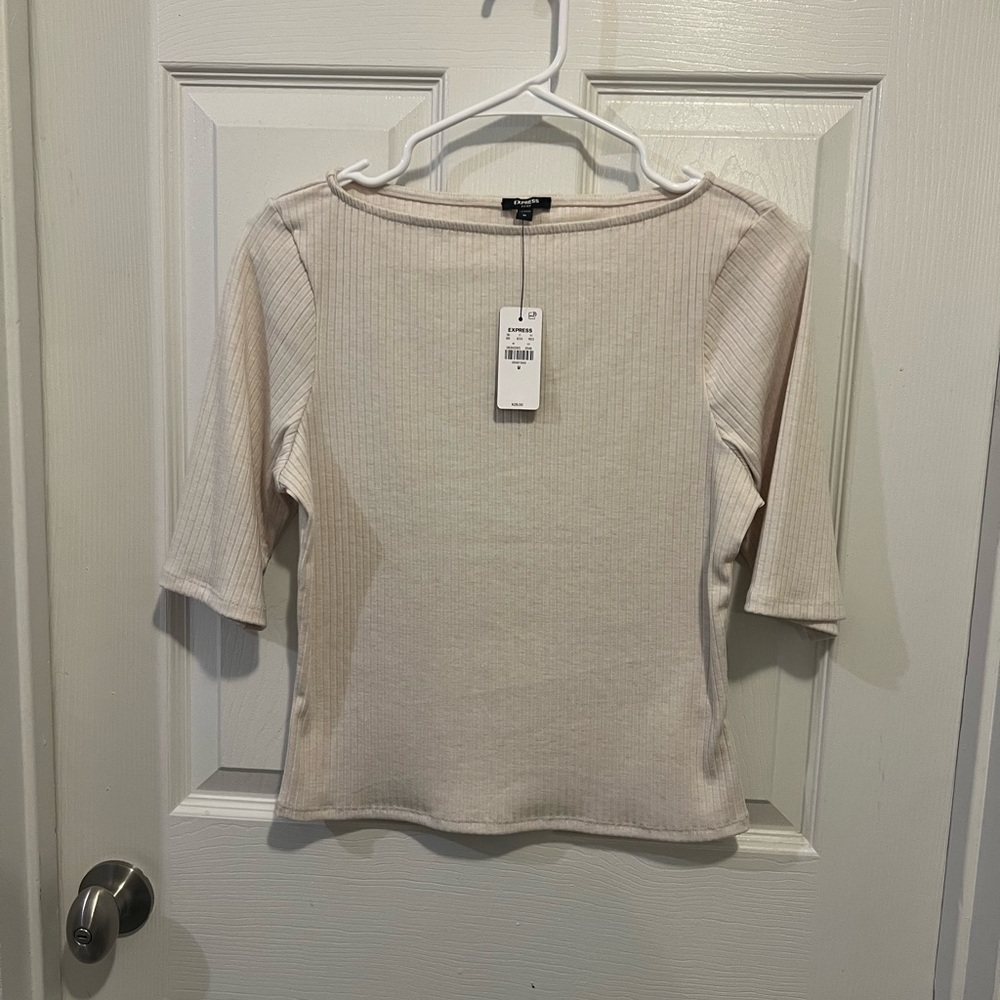 Express Ribbed Boatneck Top in Light Beige